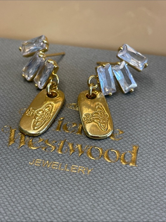 Vivienne Westwood Jewelry - Vivienne Westwood Gold Crystal Drop Earrings Engraved Orb Emblem Y2K